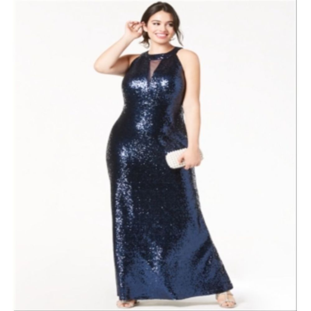 Morgan & Company Women's Trendy Plus Sequined Halter Gown Blue Size 18W